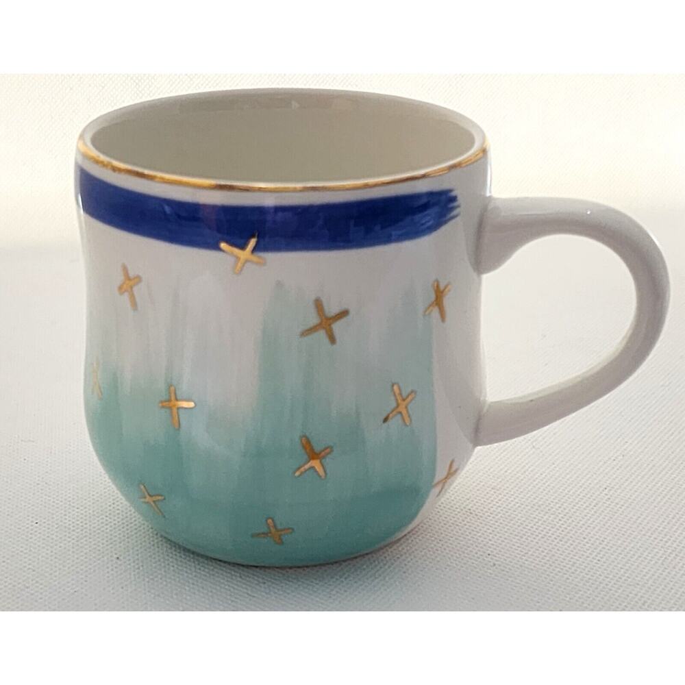 Mug/Cup-Pier 1-Vintage-Large-Green-Blue-Gold Crosses-White-Holds 16 oz/2 cup